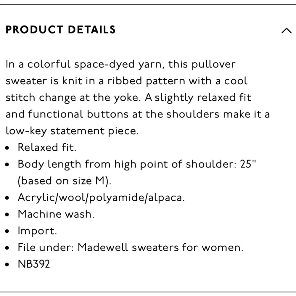Madewell Fall 2021 Space-Dyed Button-Shoulder Pullover Sweater Small Wool Alpaca